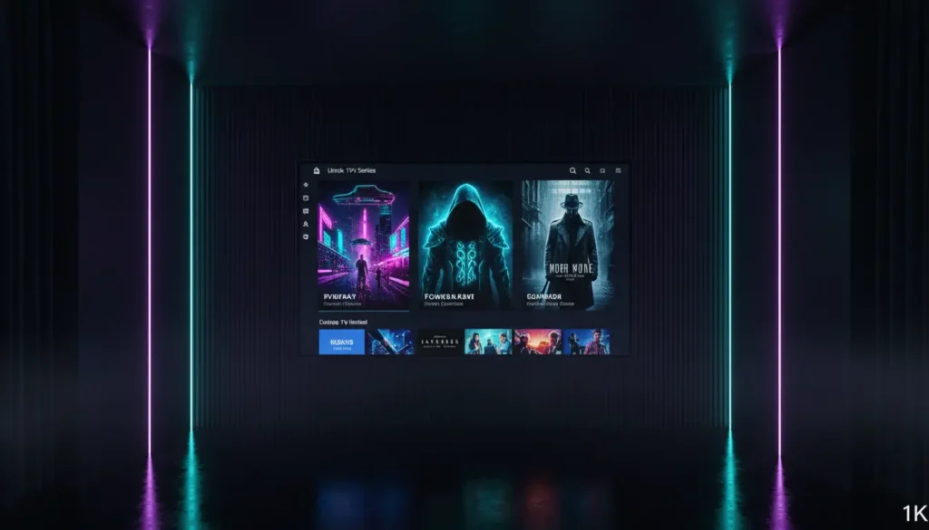 صورة شاشة ذكية تعرض مكتبة مسلسلات أجنبية متنوعة من الأكشن والخيال العلمي والدراما عبر منصة بث رقمية حديثة