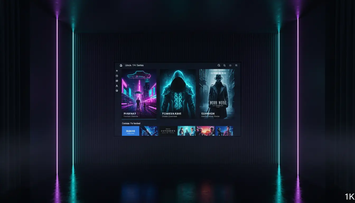 صورة شاشة ذكية تعرض مكتبة مسلسلات أجنبية متنوعة من الأكشن والخيال العلمي والدراما عبر منصة بث رقمية حديثة