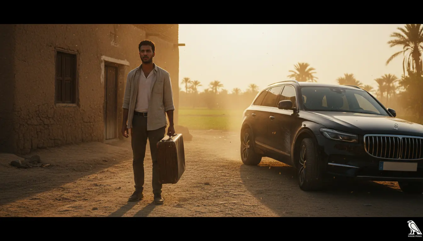 صورة درامية لشاب في قرية ريفية يستعد للسفر بعد صراع مع عمدة القرية في بداية أحداث مسلسل فخر الدلتا