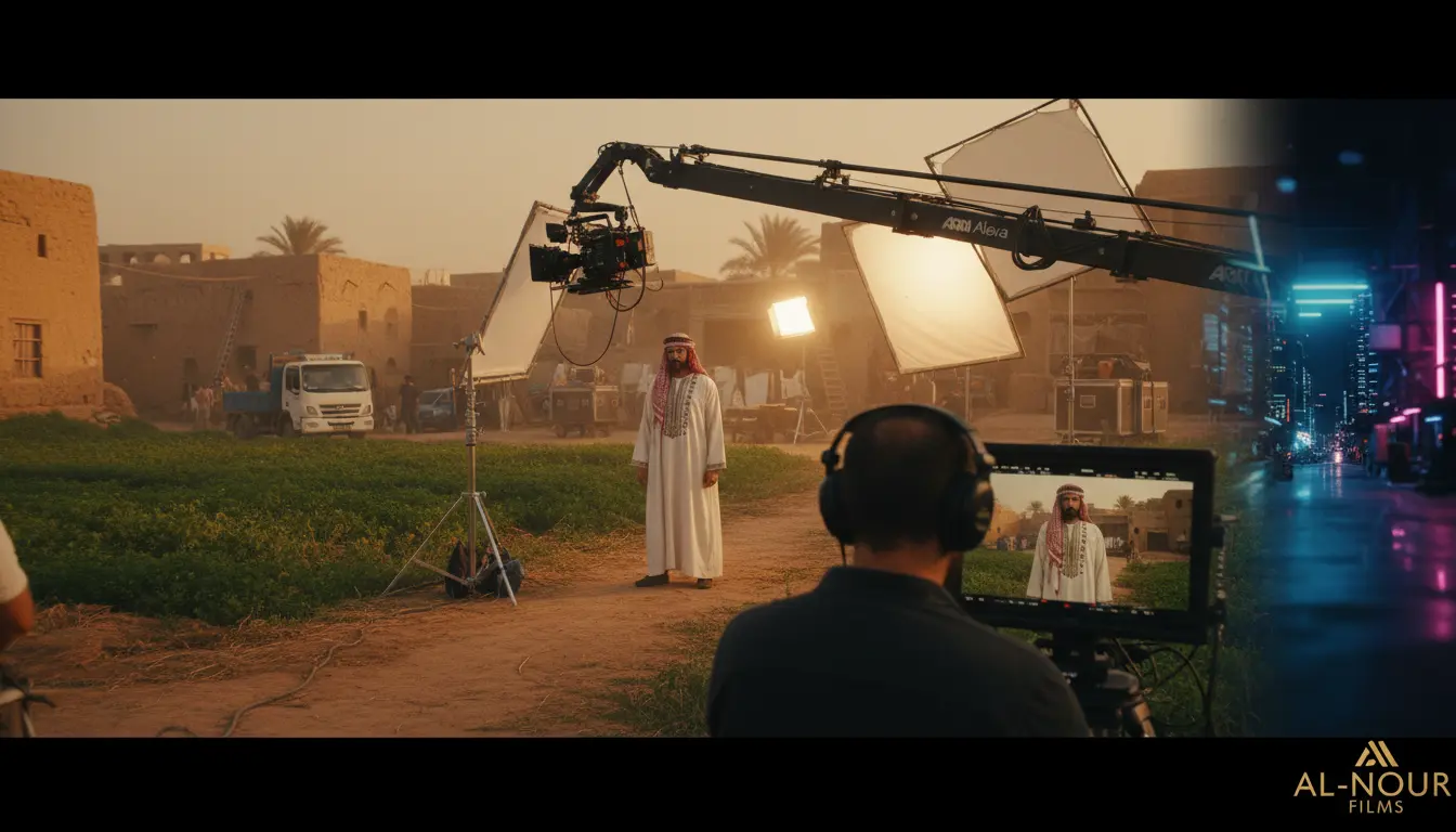 صورة من كواليس تصوير مسلسل فخر الدلتا تظهر فريق الإنتاج وكاميرات التصوير في موقع ريفي أثناء تصوير أحد المشاهد