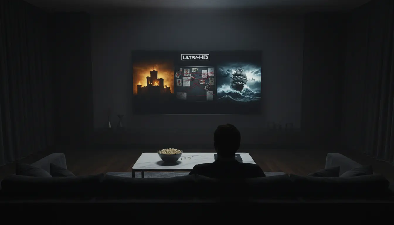 مشاهد درامية متنوعة تظهر على شاشة تلفاز داخل غرفة معيشة أثناء متابعة مسلسلات