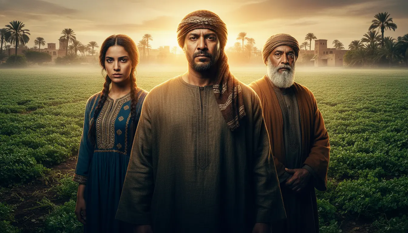 أبطال قصة درامية يقفون في ريف الدلتا ضمن مشهد مسلسل تلفزيوني