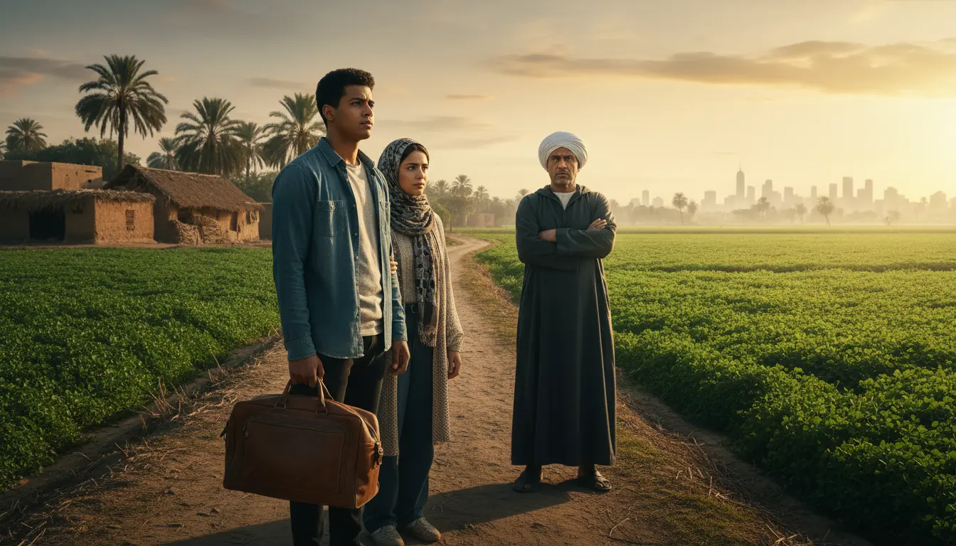 شخصيات درامية تقف في ريف الدلتا ضمن قصة مسلسل اجتماعي عن شاب يسعى لتحقيق حلمه