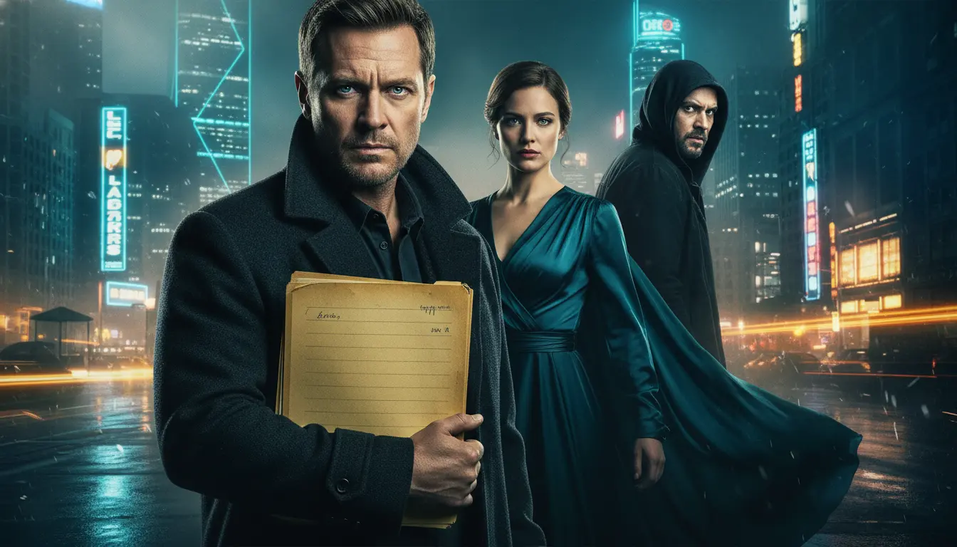 شخصيات درامية تقف في مدينة ليلية ضمن أجواء مسلسل مليء بالغموض والتشويق