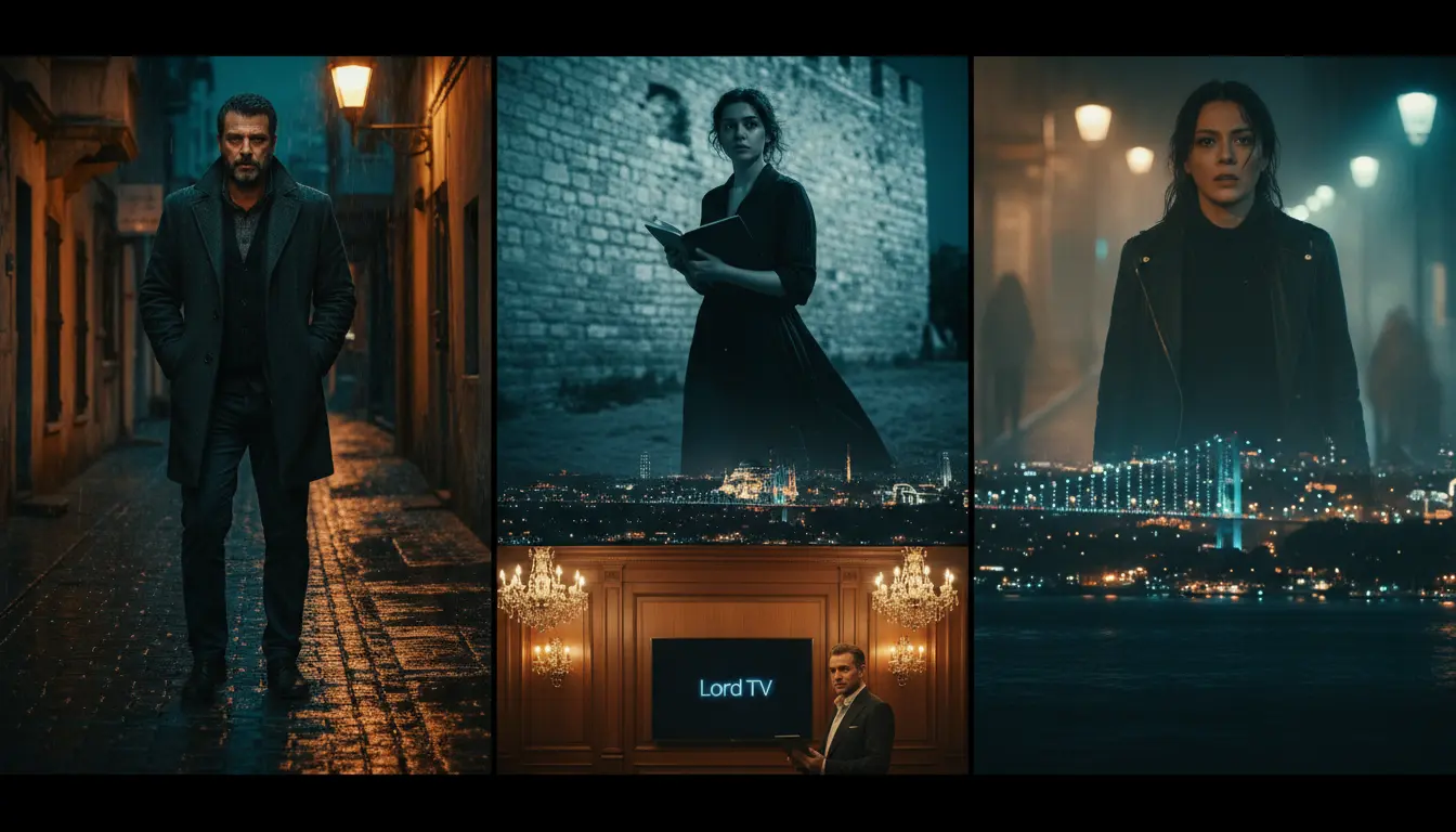 مشهد درامي مستوحى من المسلسلات التركية القصيرة يظهر شخصيات مختلفة في أجواء غامضة داخل مدينة إسطنبول