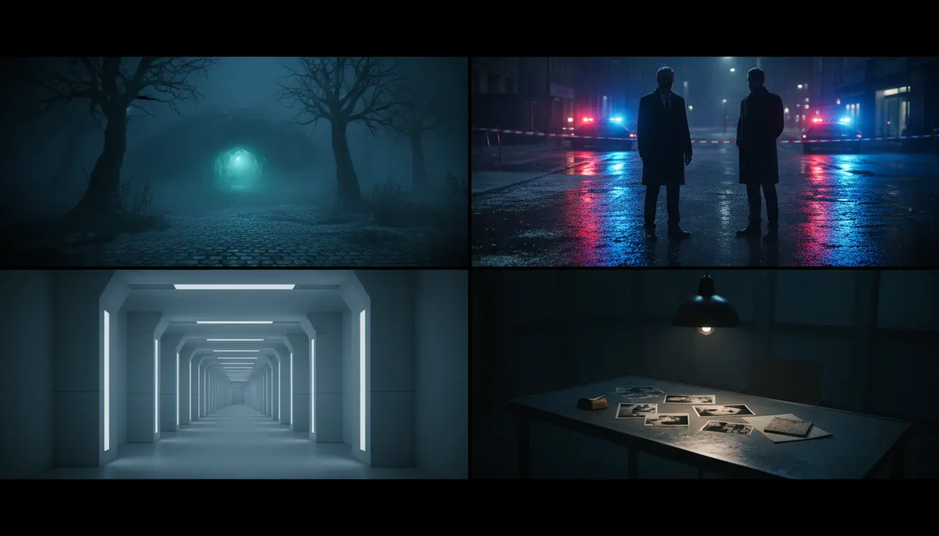 مشهد سينمائي مظلم يجمع عناصر التحقيق والجريمة والغموض في أجواء تشويقية مستوحاة من مسلسلات الإثارة الأجنبية