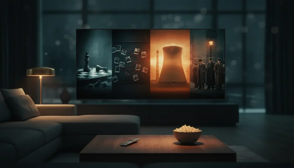 غرفة معيشة حديثة تعرض على شاشة تلفاز ذكي مجموعة مسلسلات درامية شهيرة مناسبة للمشاهدة في عطلة نهاية الأسبوع
