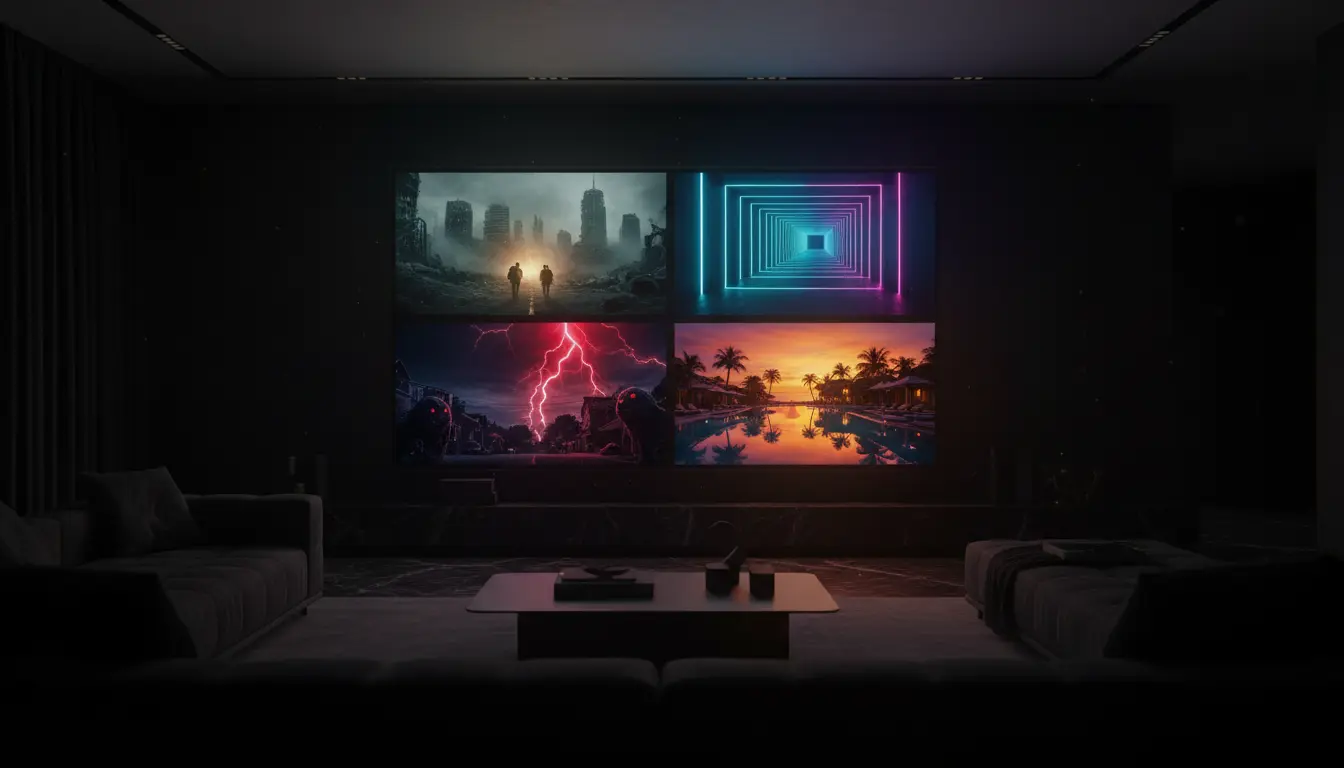 مشهد سينمائي يعرض مجموعة مسلسلات عالمية ناجحة في 2025 على شاشة تلفاز ذكي داخل غرفة معيشة حديثة