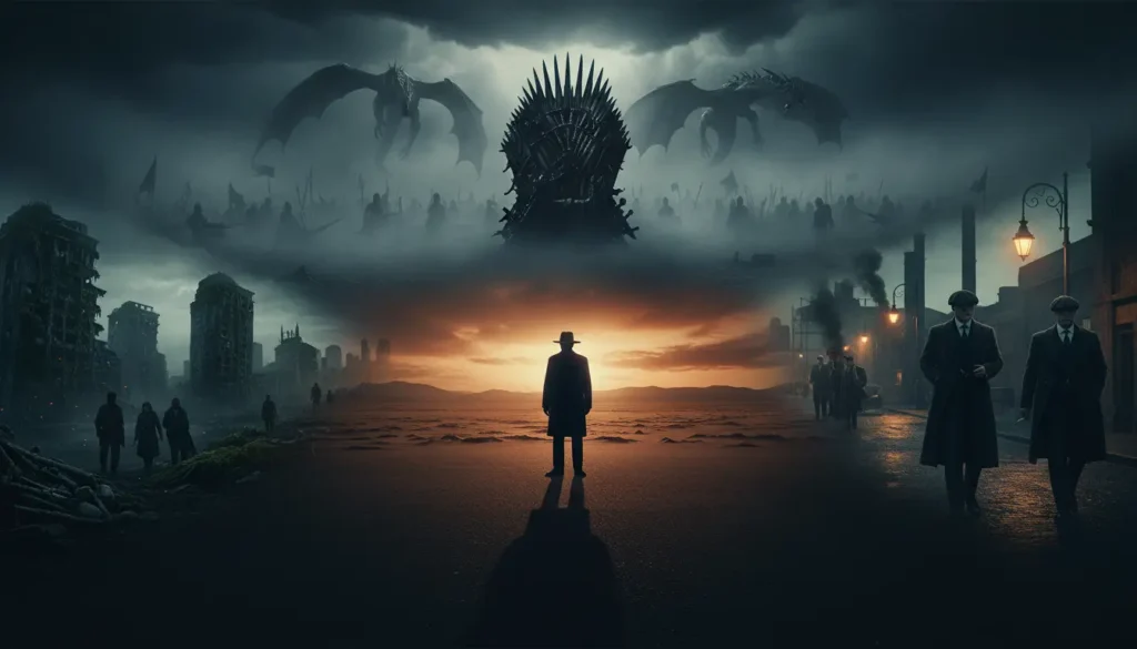 تصميم سينمائي يجمع أشهر المسلسلات الأجنبية مثل الفنتازيا والعصابات ودراما البقاء في مشهد درامي واحد