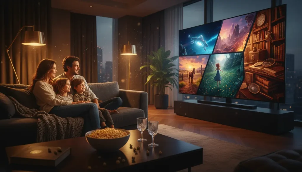 عائلة تجلس في غرفة معيشة حديثة وتشاهد مسلسلات عائلية ممتعة على شاشة تلفاز ذكي