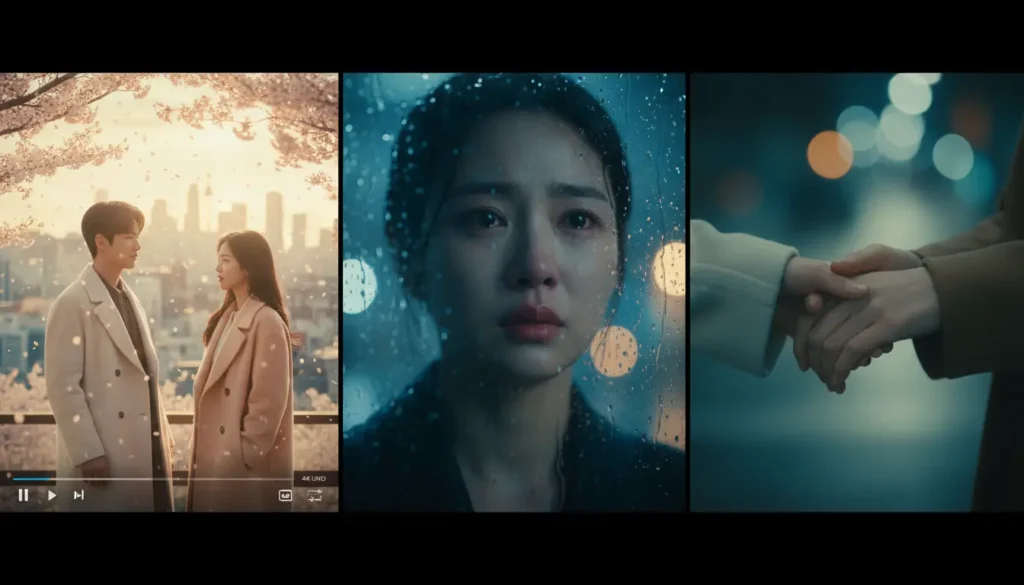 مشهد رومانسي مستوحى من المسلسلات الكورية مع أجواء عاطفية وأزهار الكرز