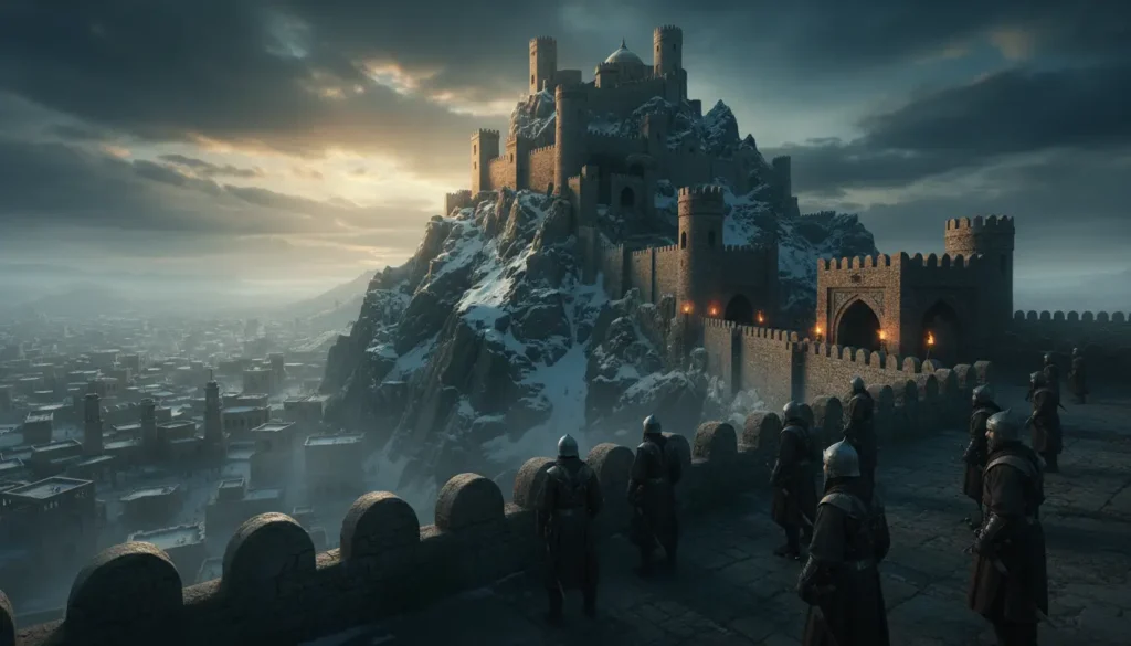قلعة تاريخية ضخمة على جبل ثلجي تعكس أجواء تصوير مسلسل الحشاشين