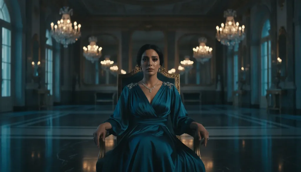 امرأة تقف وحيدة داخل قصر من الكريستال مع انعكاسات متعددة وضوء يرمز للحرية في الخلفية