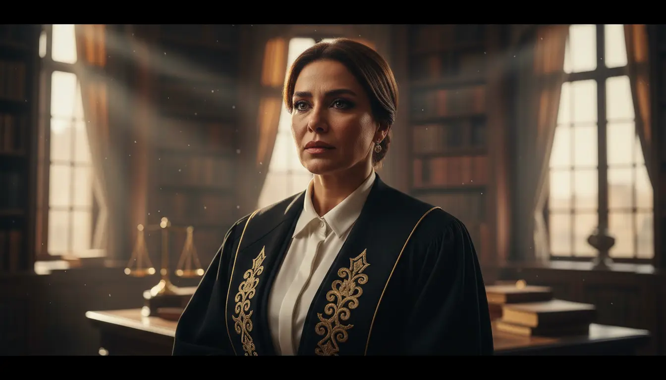 محامية تقف داخل قاعة محكمة بإضاءة درامية مع ميزان العدالة في الخلفية