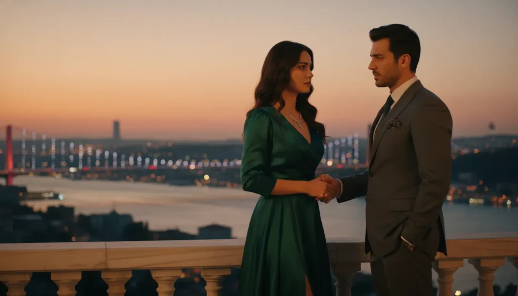 مشهد درامي أنيق مستوحى من مسلسلات تركية مدبلجة مميزة في 2026