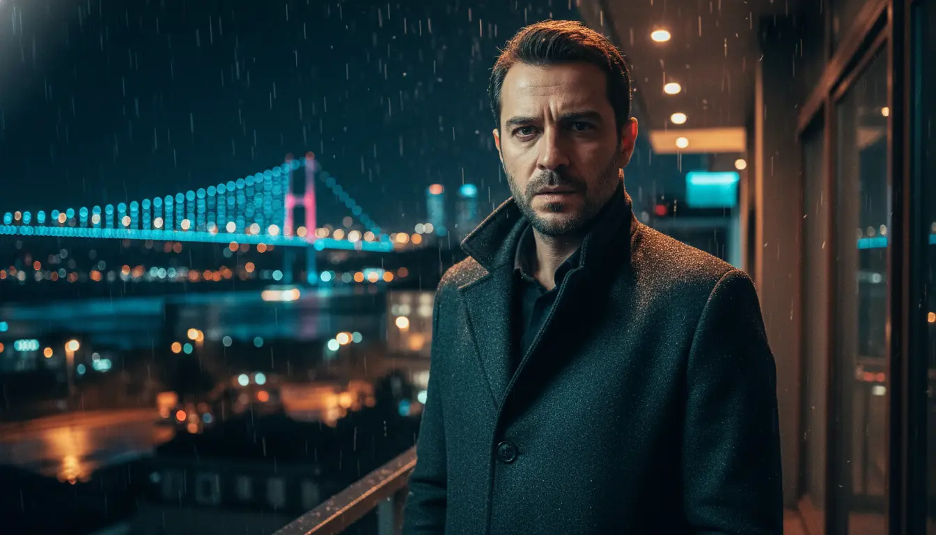 مشهد درامي بوليسي من مسلسل تركي يظهر محققًا في مسرح جريمة مع أجواء غامضة وإضاءة داكنة تعكس التشويق
