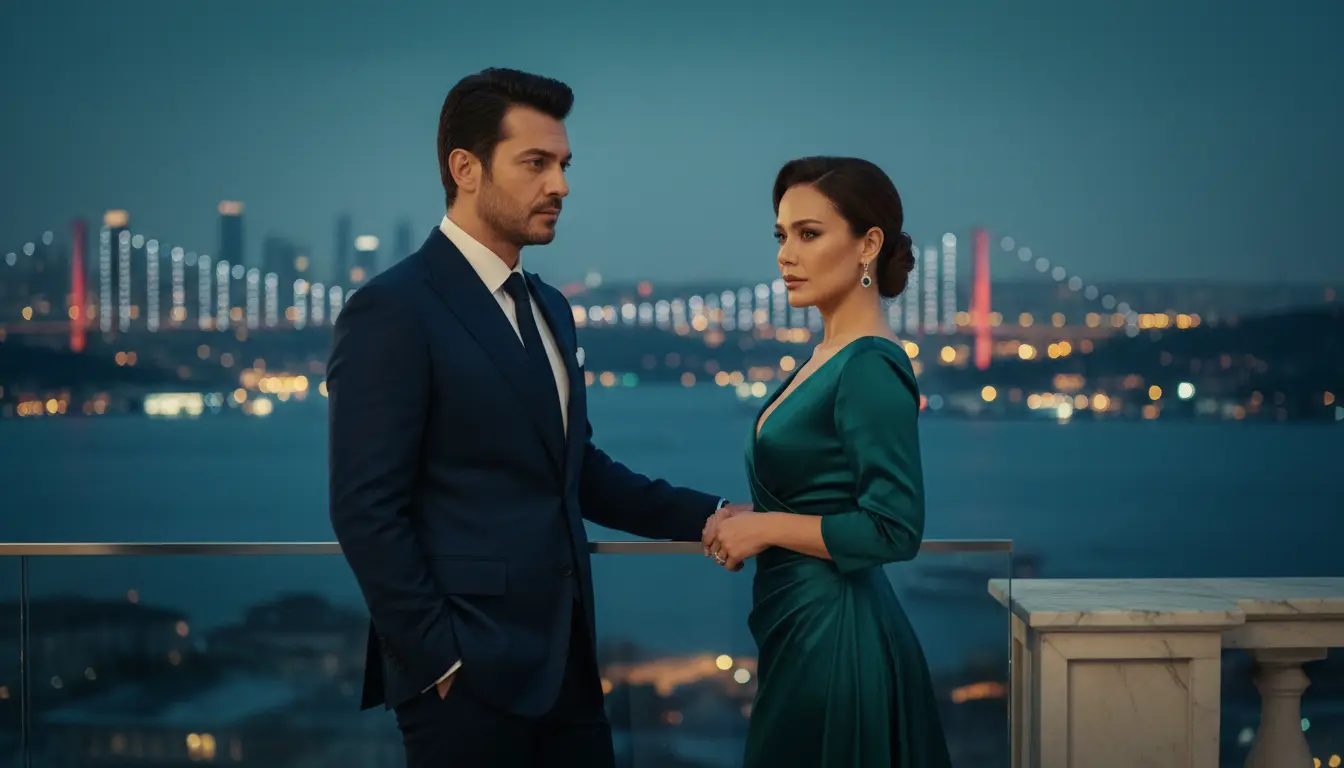 مشهد من مسلسل تركي قصير يعكس أجواء التشويق والدراما السريعة مع شخصيات في لحظة توتر وغموض داخل مدينة حديثة