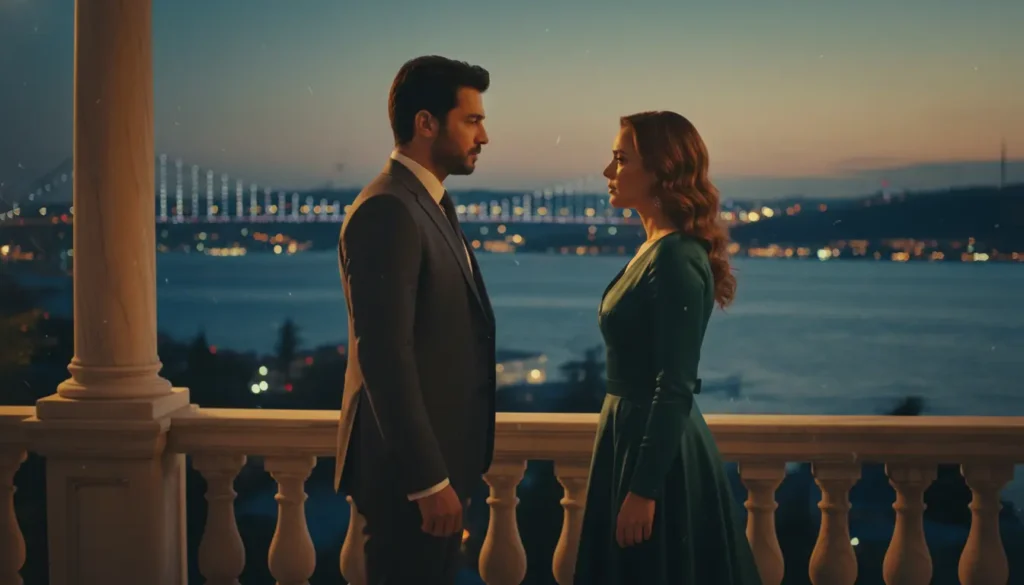 مشهد رومانسي درامي من مسلسل تركي قديم يعكس الأجواء الكلاسيكية والعاطفية