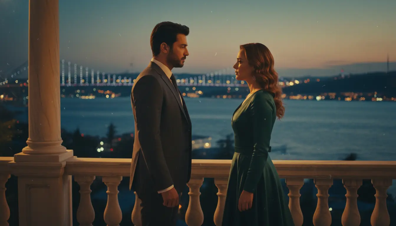 مشهد رومانسي درامي من مسلسل تركي قديم يعكس الأجواء الكلاسيكية والعاطفية